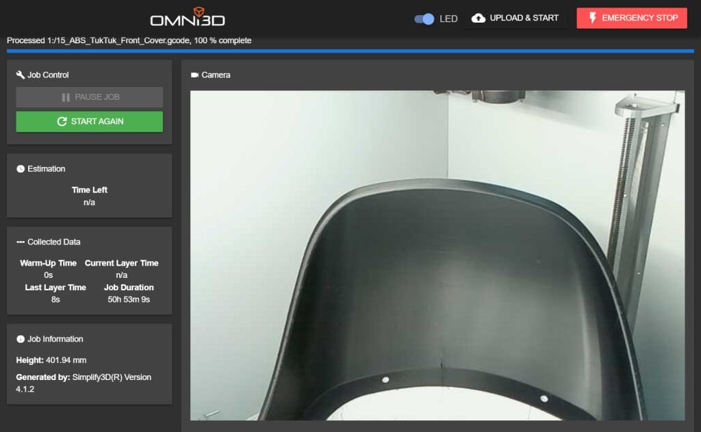 OmniWebControl interface displaying real-time extrusion temperature, active 70°C chamber tracking, and print head velocity data.