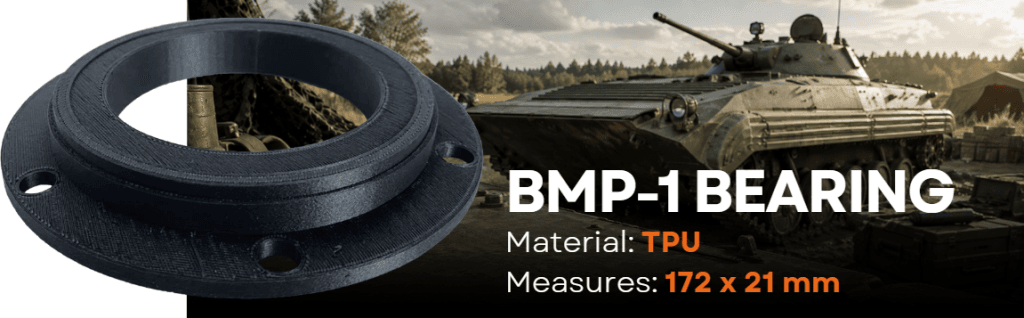 3D printed PEKK manhole key and TPU bearing replacement components manufactured by Omni3D for the BWP-1 armored vehicle.